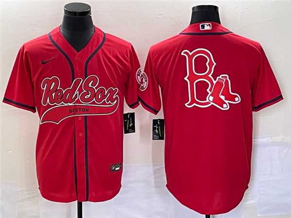 Men%27s Boston Red Sox Red Team Big Logo With Patch Cool Base Stitched Baseball Jersey->boston red sox->MLB Jersey